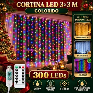 Pisca Cortina 300 Leds 3x3m USB IP44 8 Modos Iluminação Luzes Fada Decoração De Natal Festa LuvinCo