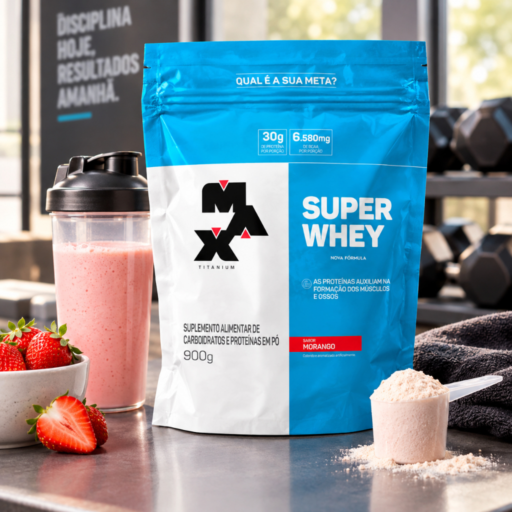 Super Whey Max Titanium 900g Whey Protein Morango ou Chocolate