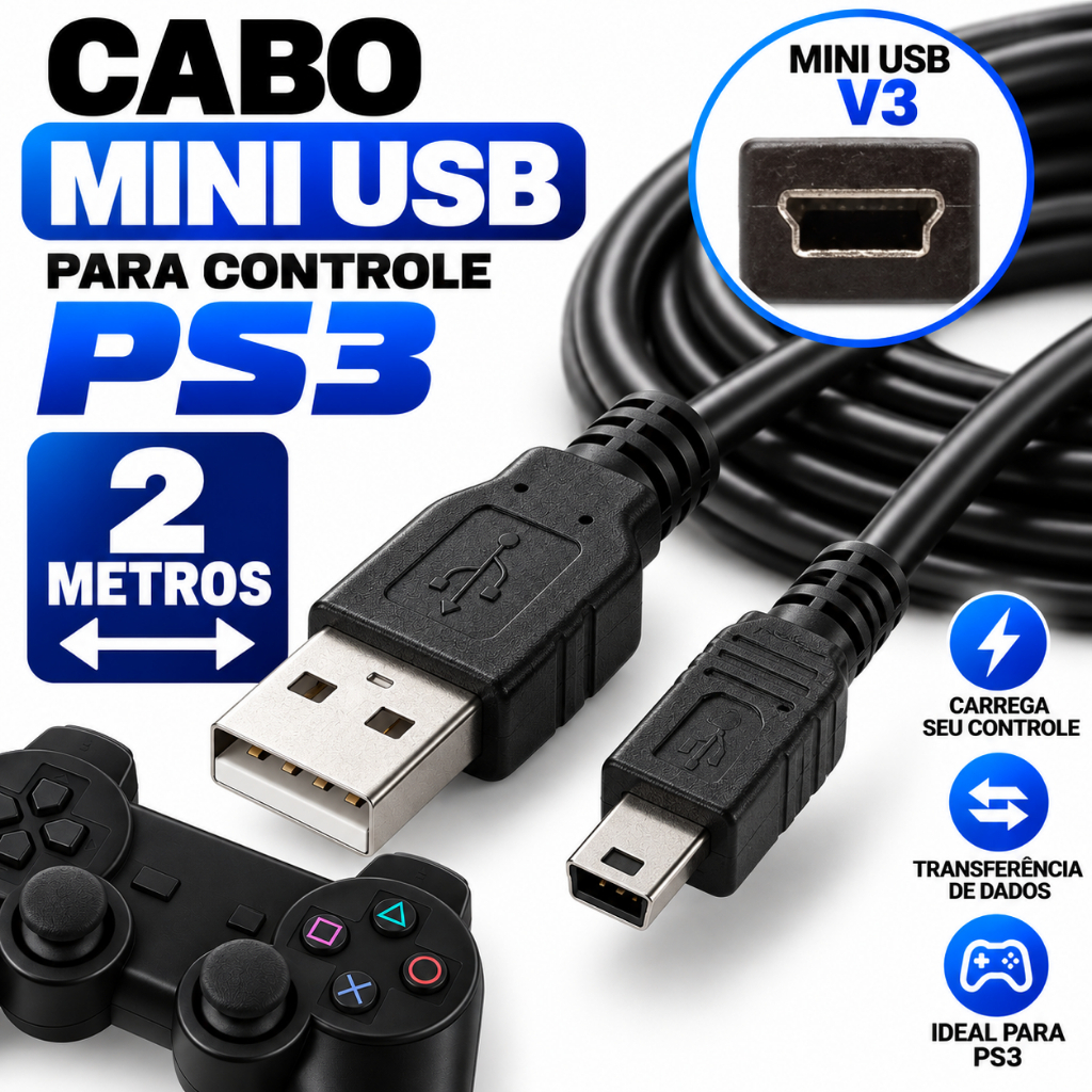Cabo Mini Usb 2 metros V3 Para Carregar Controle De Ps3 Câmera Digital GPS MP3