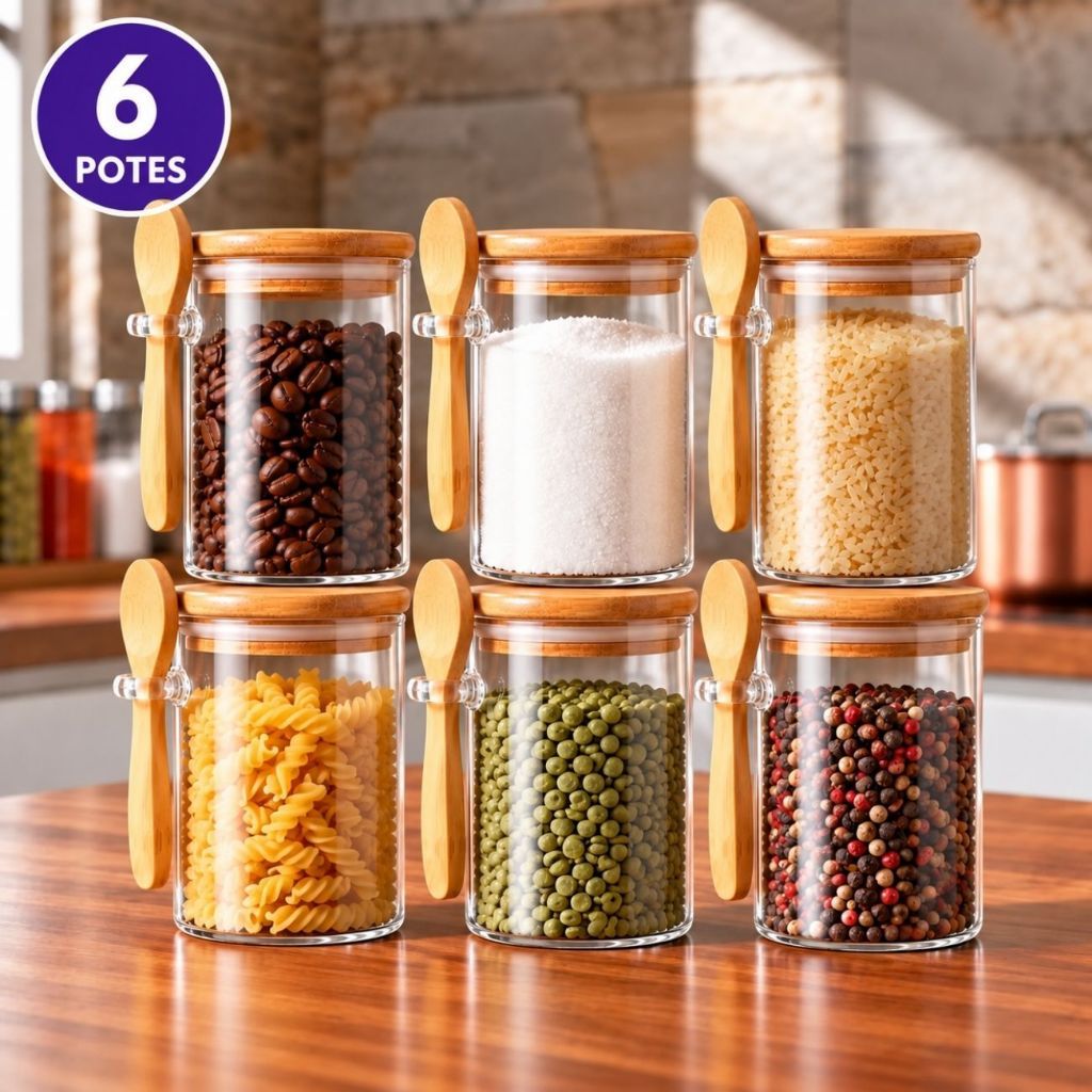 Kit 6 Pote/Colher de Vidro com Tampa de Bambu Hermético 300ml Porta Mantimentos Temperos Saleiro