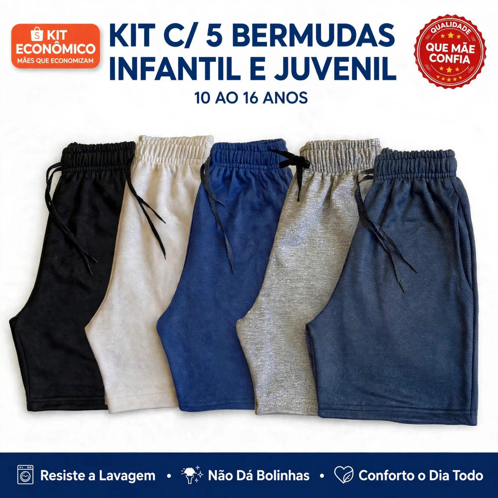 Kit 5 Bermudas Moletom Masculino  Infantil Menino com Bolso Moletinho  10 ao 16 Anos  Shorts verão Criança