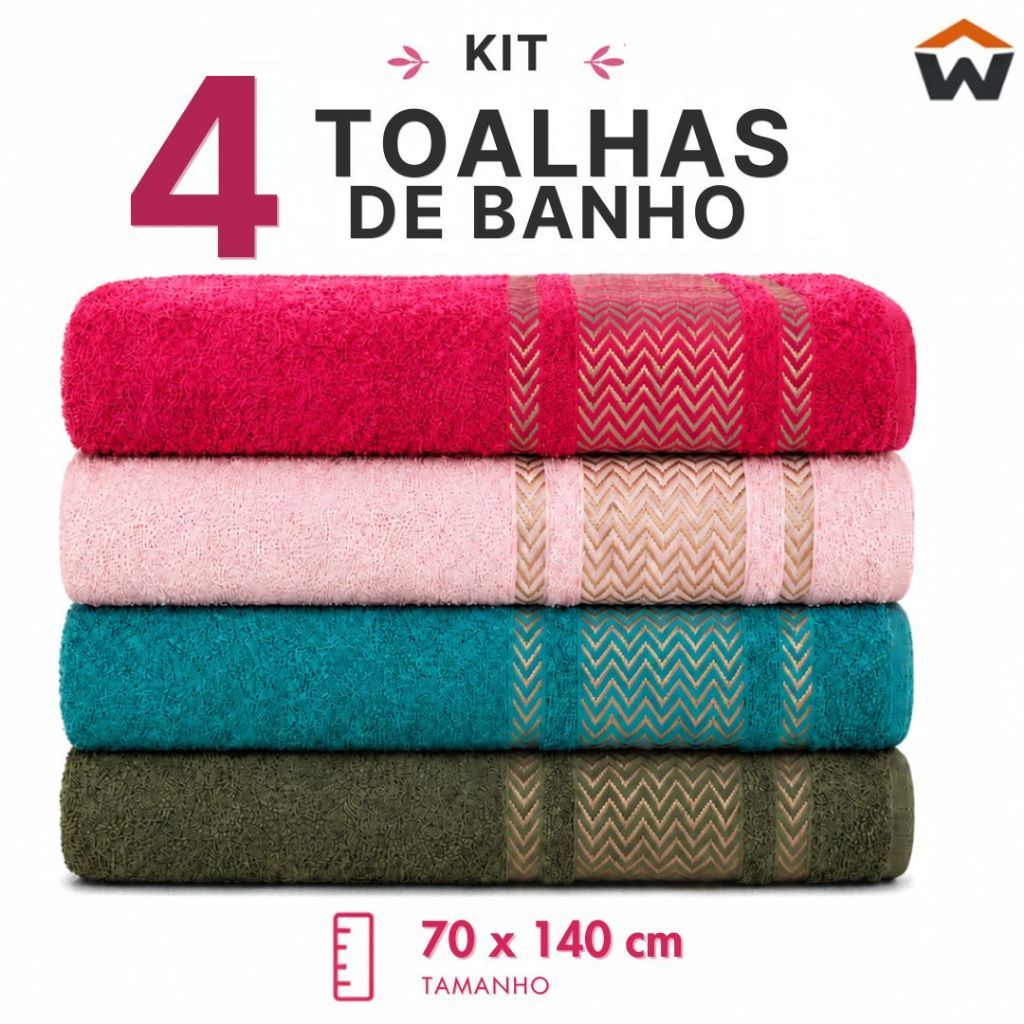 Kit 4 Toalhas de Banho Grande Alta Absorção Banhão Macia 100% Algodão Seca Bem Cores Diversas