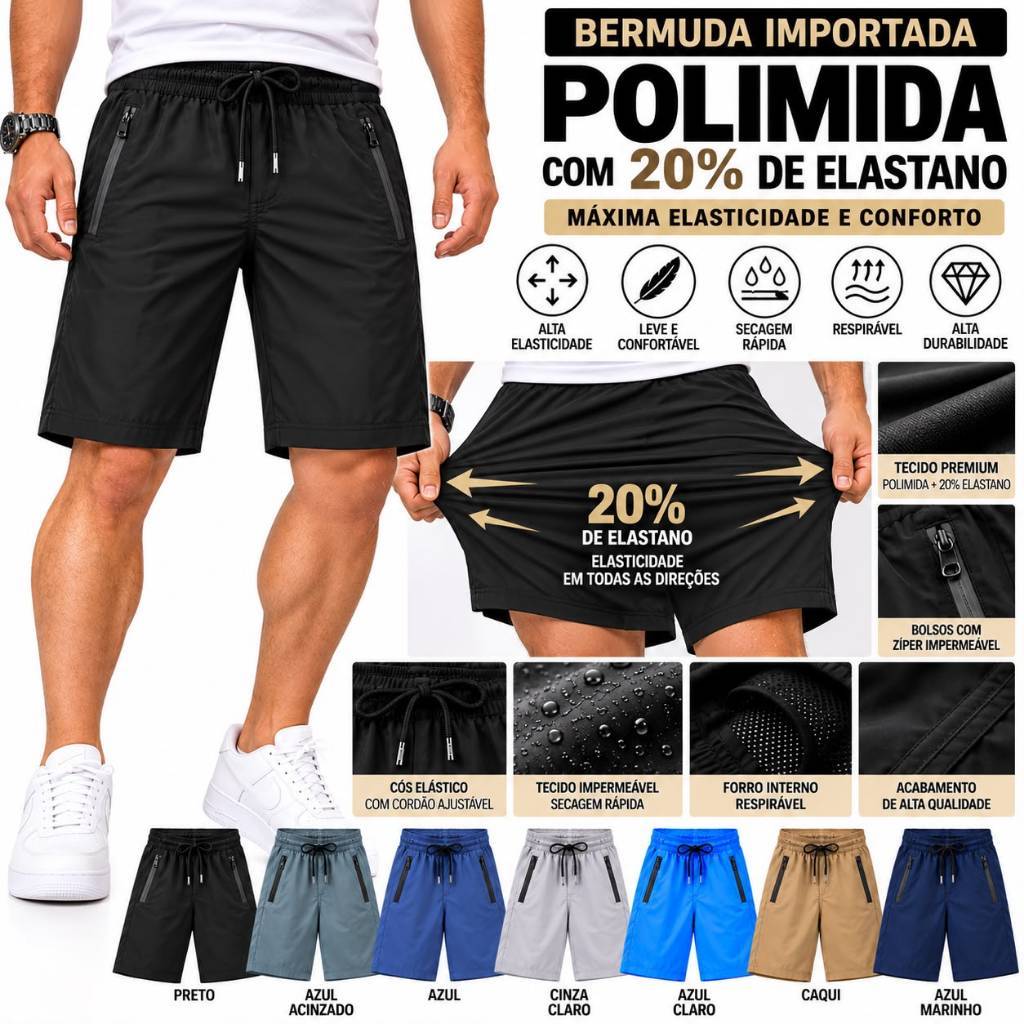 Shorts Masculino Com Ziper - Bermuda Poliamida Elastano Anti Odor - Secagem Rapida Importada