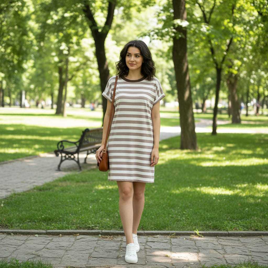 Vestido feminino curto listrado  bege e branco manga japonesa estilo casual