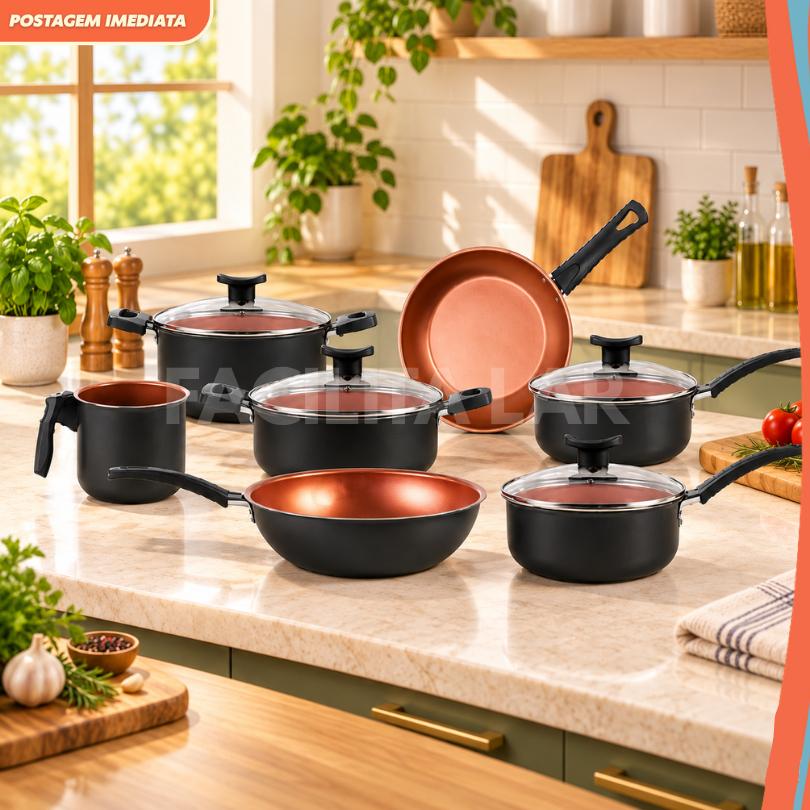 Conjunto de Panelas Brinox Topázio Antiaderente Cobreado Tampa Vidro Frigideira Wok Fervedor Fogão Gás Elétrico