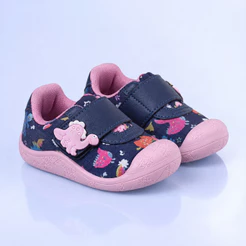 Tênis Meia Bebê Menina Sola Antiderrapante Dinossauro Marinho com Rosa Kidstep