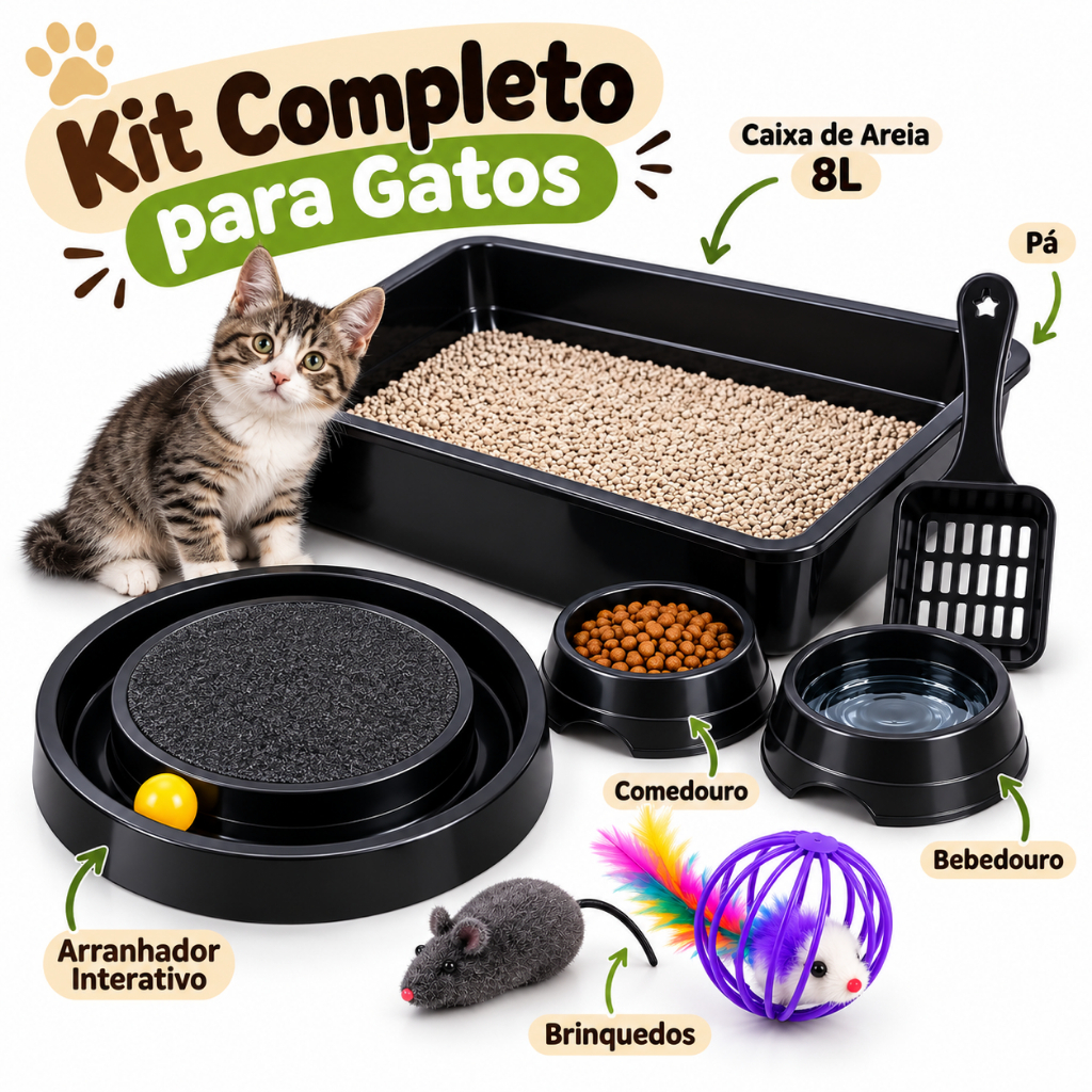 Kit Enxoval Gato Completo Caixa de Areia 8L Arranhador Comedouro Bebedouro Brinquedos Pá
