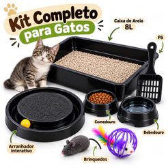 Kit Enxoval Gato Completo Caixa de Areia 8L Arranhador Comedouro Bebedouro Brinquedos Pá