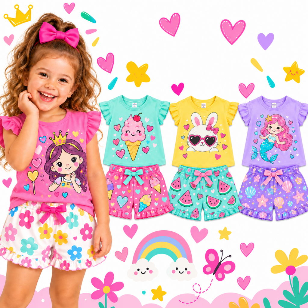 kit Sortido 2 ou 6 peças Roupa Criança MENINA Verão Conjuntos Infantil Menina Conjunto Infantil Verão Menina Sortidos