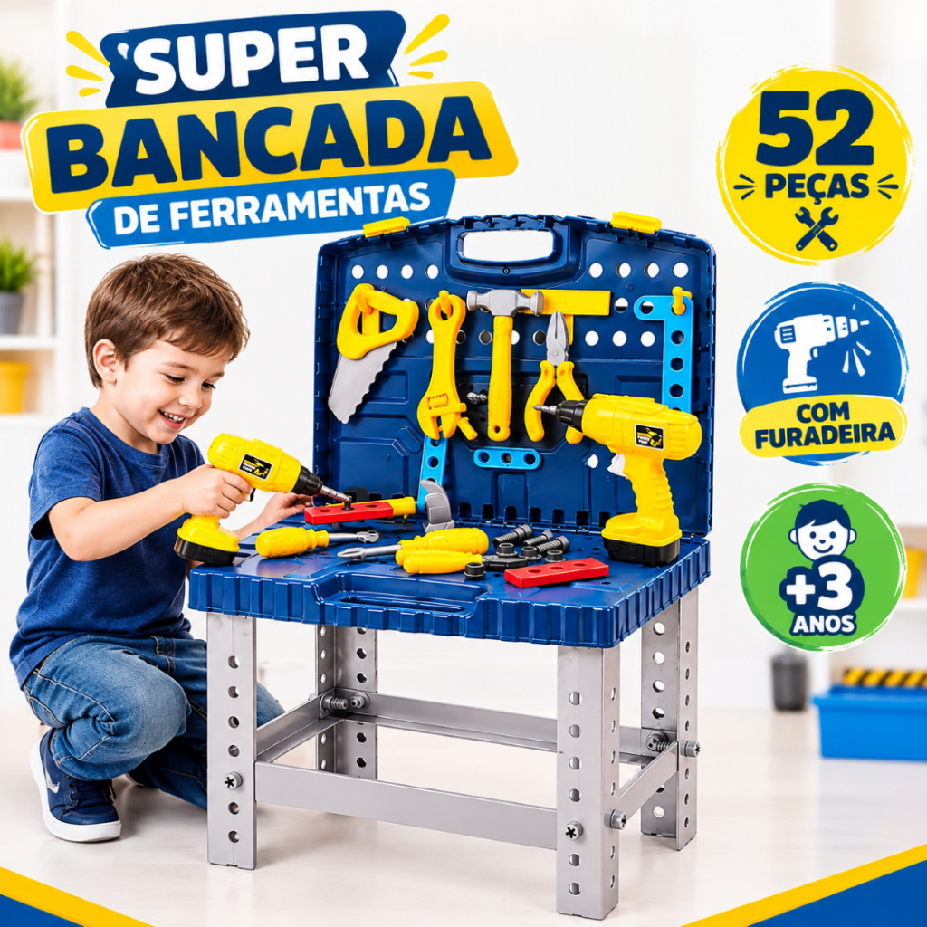 Bancada de Ferramentas Infantil 52 Peças com Furadeira Mecanica Menino Menina Oficina Brinquedo