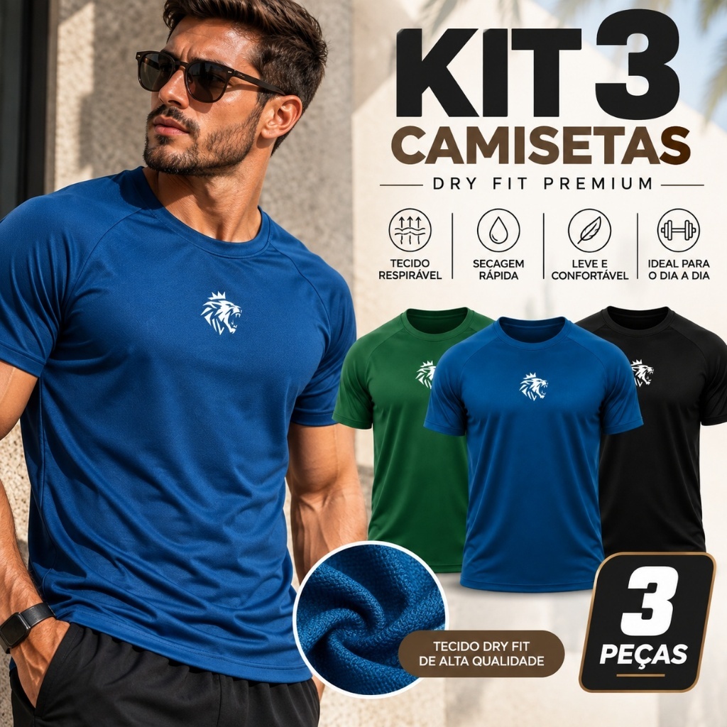 Kit 3 Camisetas Masculinas Dry Fit Premium com Proteção UV Anti Suor Anti Odor Secagem Rápida e Não Amassa