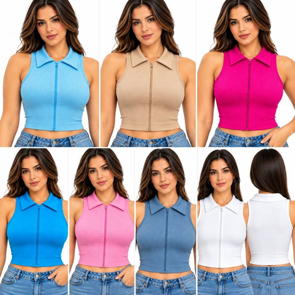 Cropped Academia Feminino com Zíper Frontal Regata Canelado Fitness Casual Moda Feminina