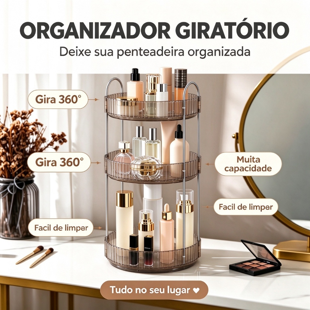 Organizador de Maquiagem Giratório 360°, Suporte Multiuso 2/3 Andares para Cosméticos e Perfumes