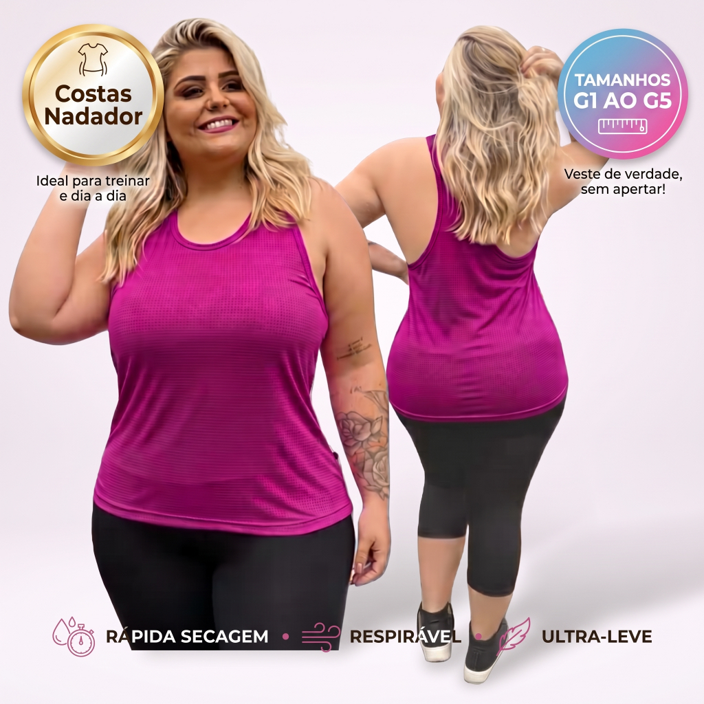 Regata Plus Size Feminina Fitness Dry Fit Passeio Caminhada Estilo Academia Conforto Tapa Bumbum G1 ao G5
