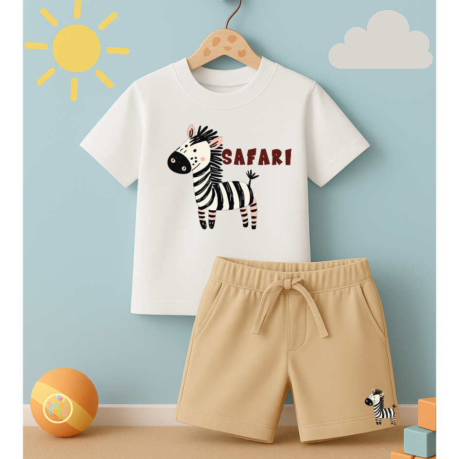 Kit Conjunto Camiseta e Short Moletinho Sarafi Zebra Animais Menino Verão Estiloso 100% algodão