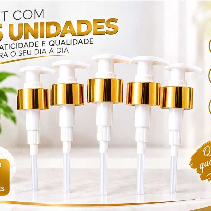 Kit 5 Valvulas Pump Luxo  Dourado para Frasco, Dispensador Sabonete Cosméticos Rosca 28/410