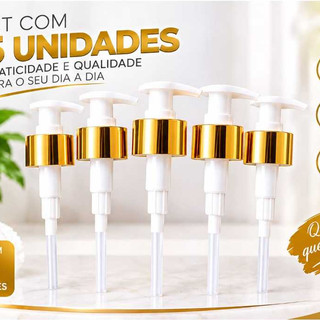 Kit 5 Valvulas Pump Luxo  Dourado para Frasco, Dispensador Sabonete Cosméticos Rosca 28/410