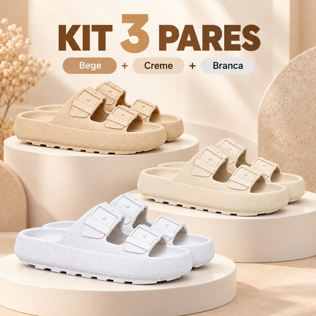 Kit 3 Pares Chinelo Feminino Duas Tiras Fivela Plataforma Conforto Leve Anatômico Antiderrapante