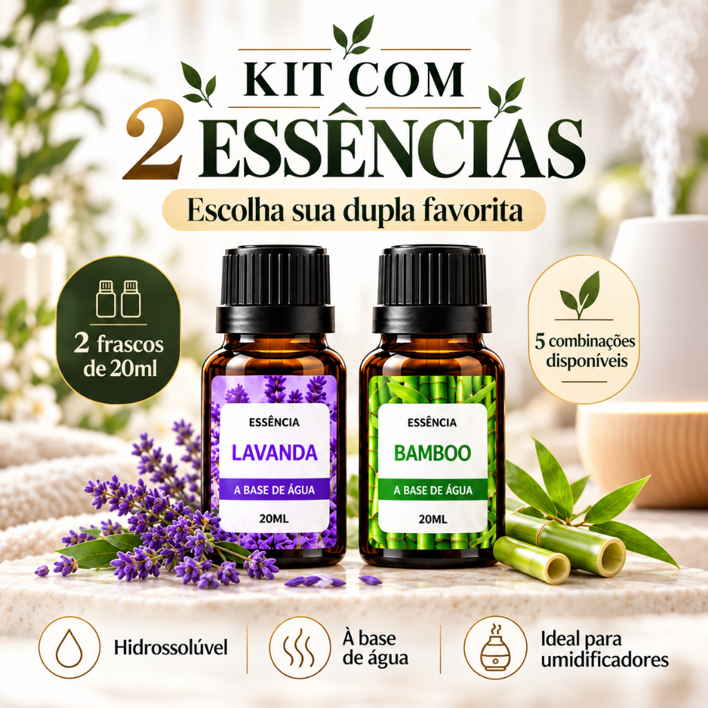 Kit com 2 Essências Hidrossolúveis 20ml para Umidificador Aromatizador e Difusor – Escolha a Dupla