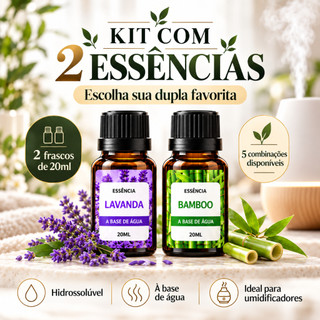 Kit com 2 Essências Hidrossolúveis 20ml para Umidificador Aromatizador e Difusor – Escolha a Dupla
