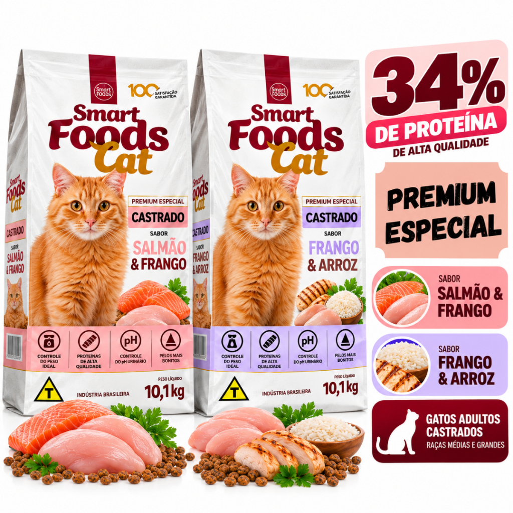 Ração Para Gato Castrado Premium Especial 34% Proteína Smart Food 10,1kg Salmão e Frango E Frango e Arroz