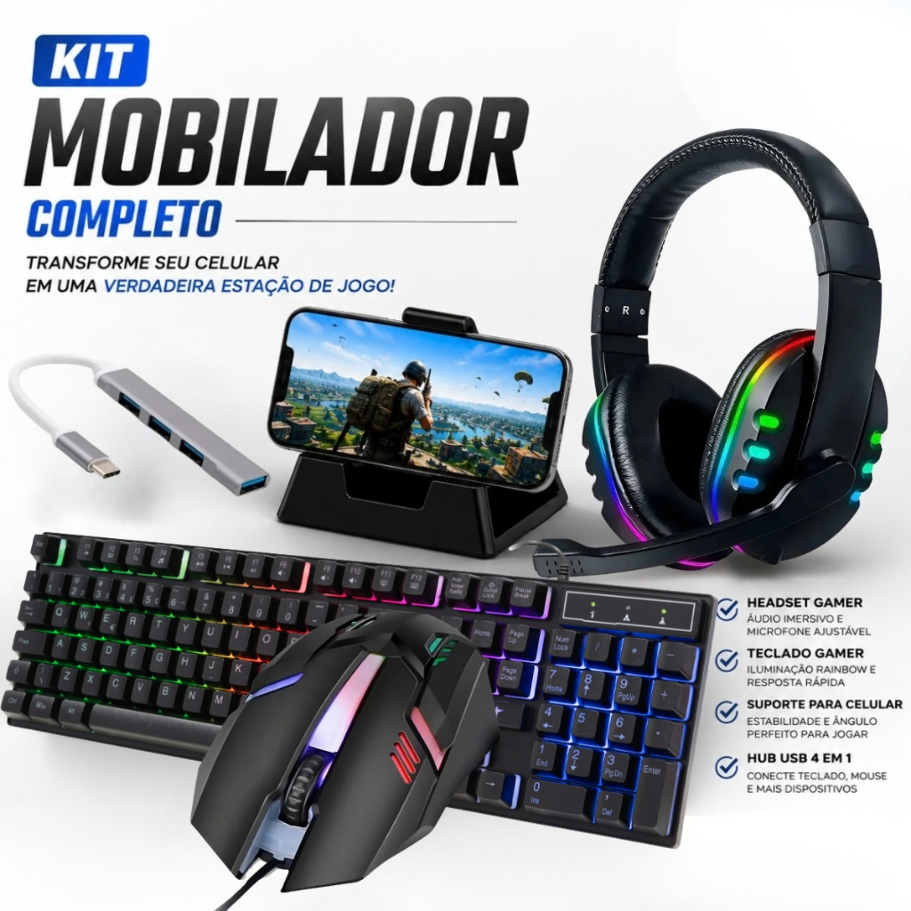 Kit Mobilador Gamer Completo Com Fone Headset Mouse Teclado Led Rgb Tipo C Free fire Roblox