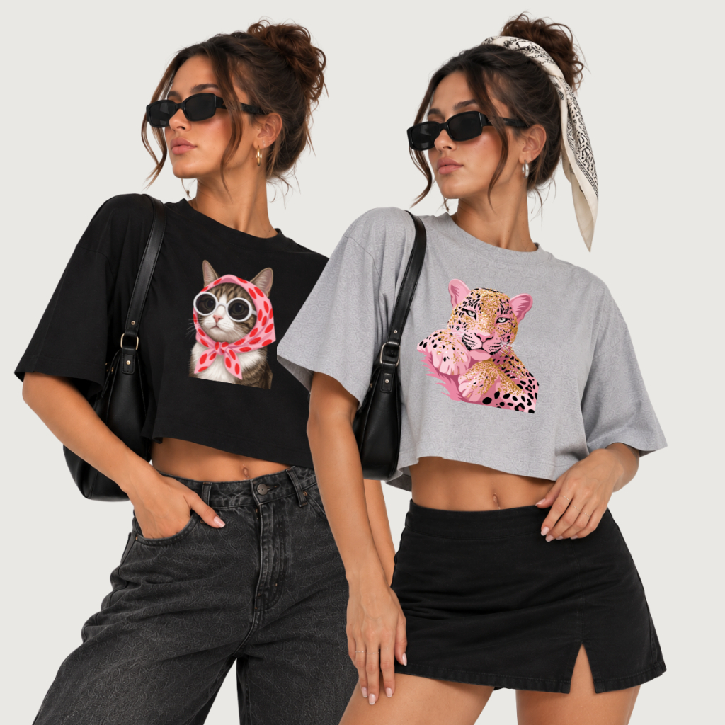 Kit 2 Cropped Oversized Estampado Onça Rosa Blusinha Moda Feminina Camiseta Cropped Feminino Oversized Moda Estilosa