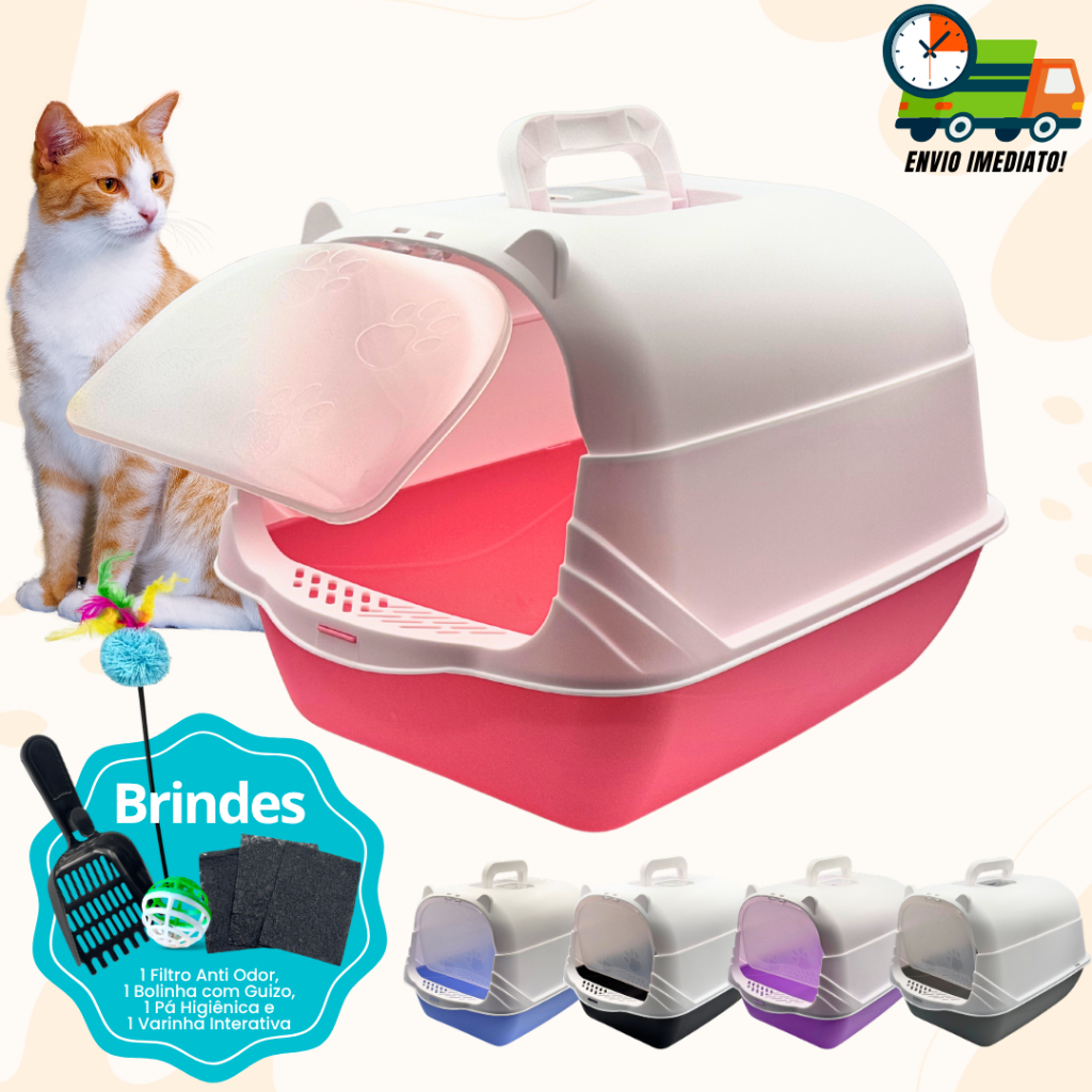 Caixa de Areia para Gatos Fechada Higiênica + Pá e 03 Filtros Anti Odor Promoção Envio Imedito