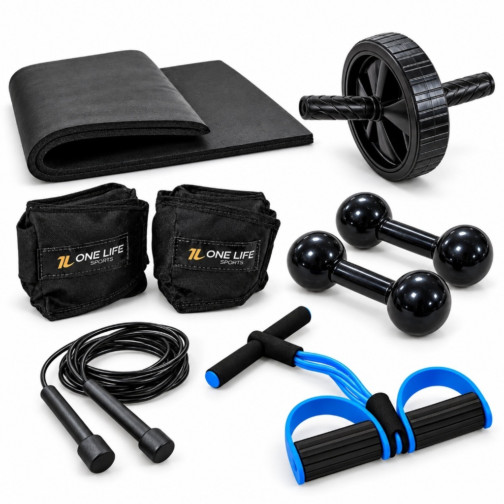 Kit Treino Aeróbico Completo Caneleira 1kg Halter Colchonete Roda Extensor Corda