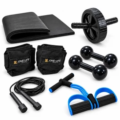 Kit Academia Fitness com Caneleiras 1kg, Halteres 1kg, Roda Abdominal, Extensor, Colchonete e Corda de Pular