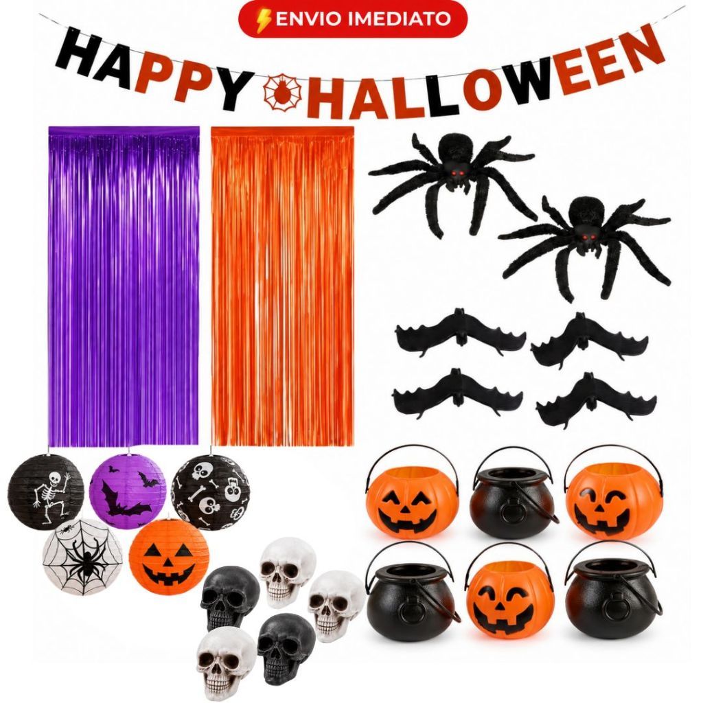 Kit 27 ITENS Decoração Halloween Enfeite Festa Cortinas + Acessórios