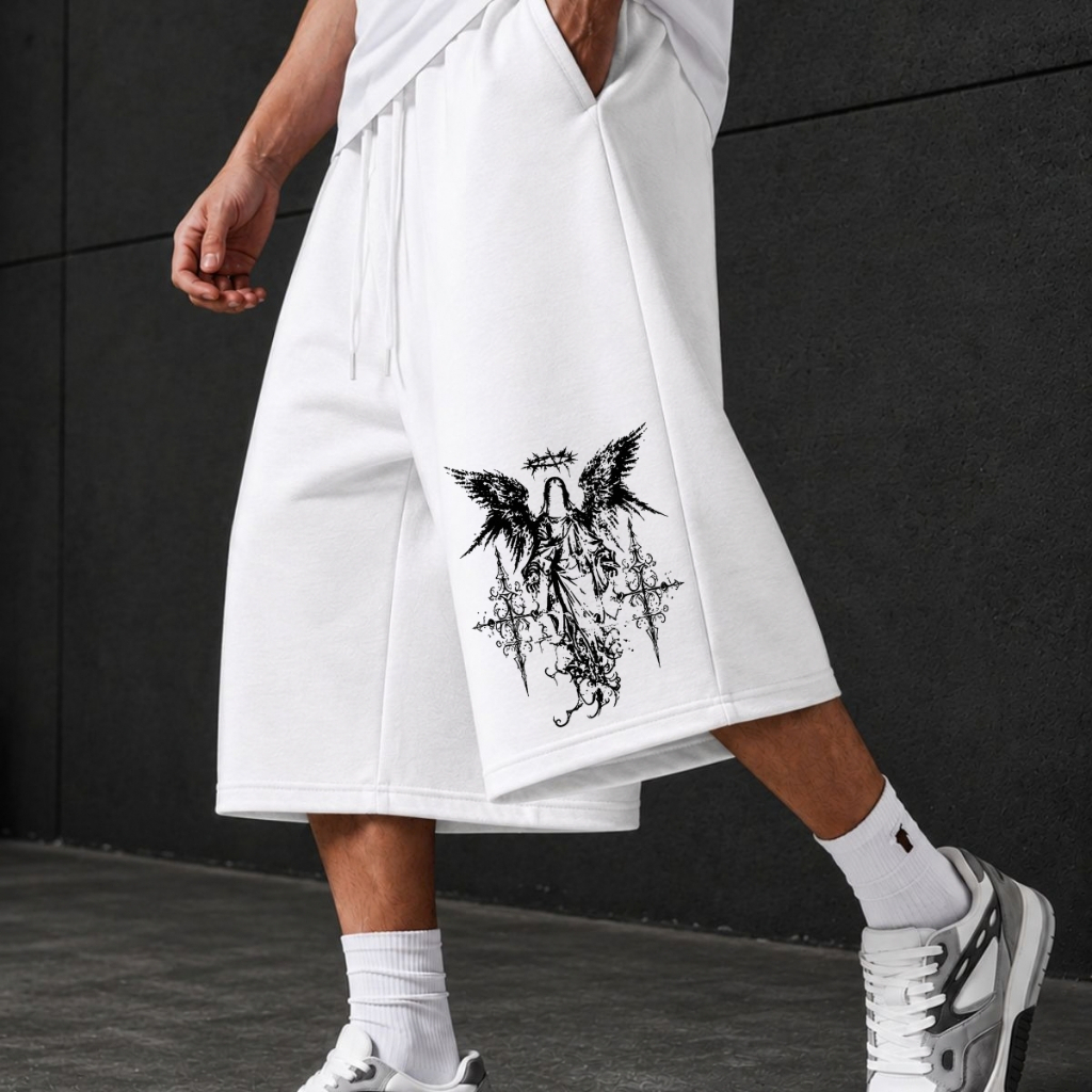 Bermuda Baggy Masculina Anjo Gótico Streetwear Oversized Bermudão Moletom Estampado