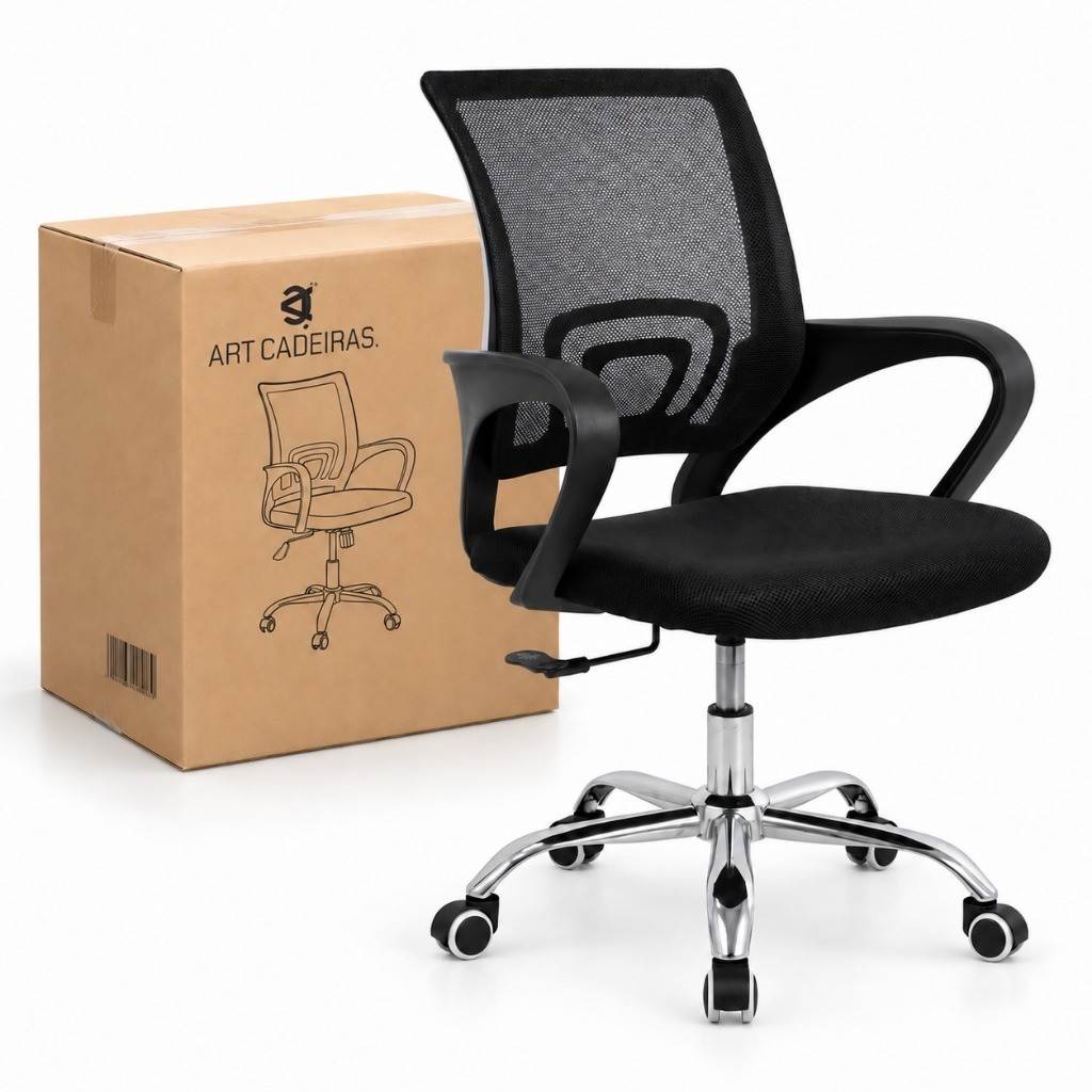 Cadeira Escritório Ergonômica Preta Tela Mesh Giratória Com Regulagem de Altura Até 120Kg  Premium