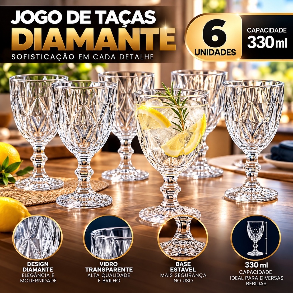 Jogo 6 Taças Diamante 330ml Transparente com Pé Kit Copos para Água Suco Drinks Mesa Posta