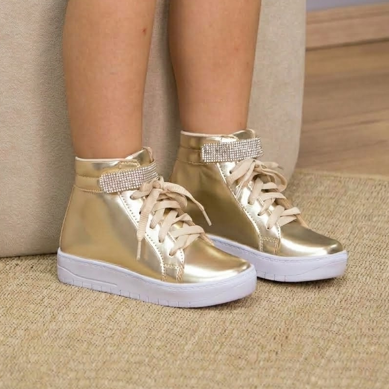 Tênis Infantil Menina Fashion Casual Cano Alto Com Brilho Strass Confortável Estiloso