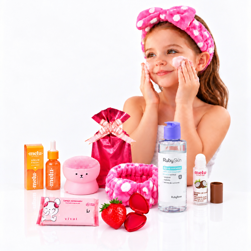 Kit Skincare Infantil Completo Melu by Ruby Rose + Faixa + Escova Facial + Água Micelar