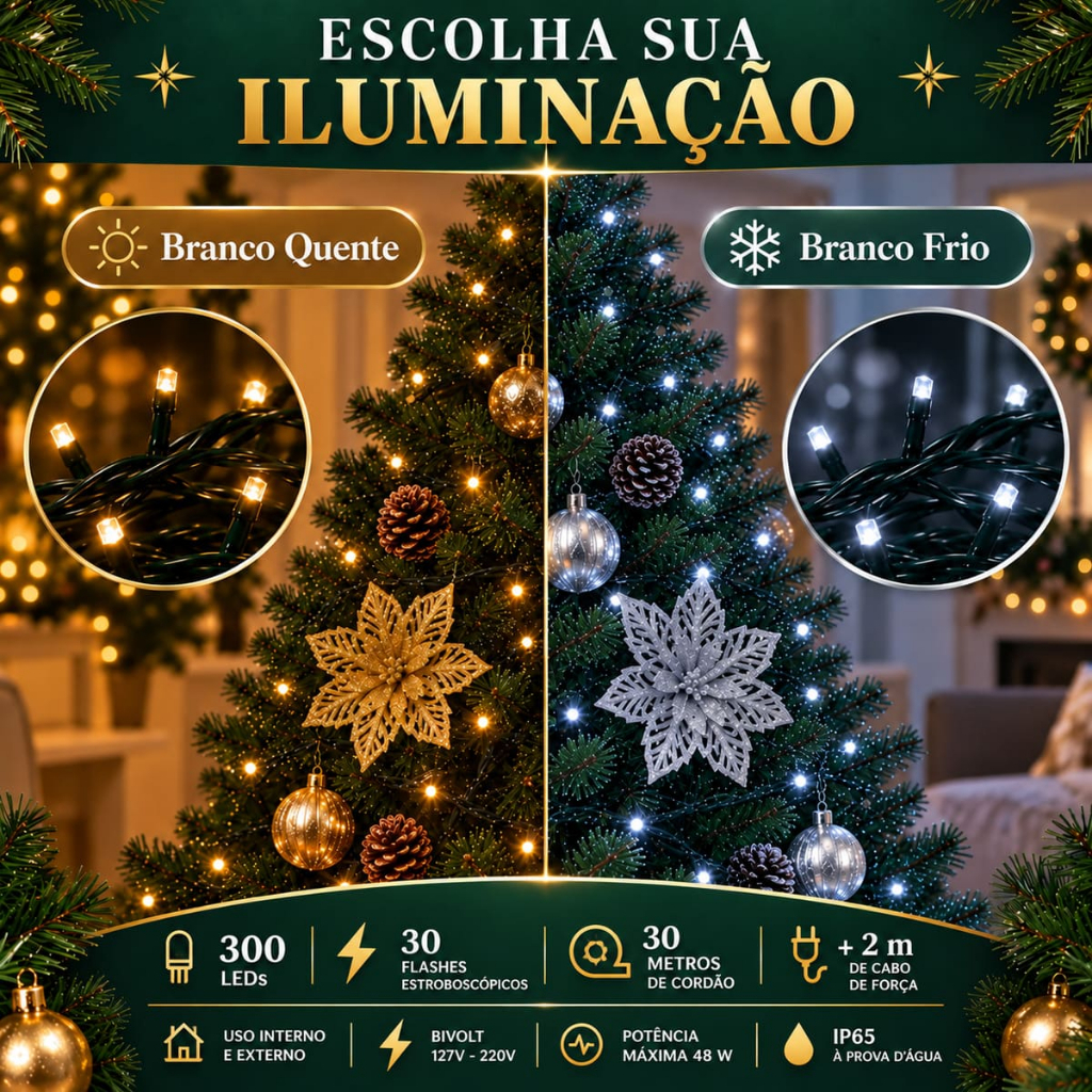 Strobo Pisca Pisca Cordão Natal 300 Leds 30m Prova D'Água Bivolt 30 Flash Decoração Enfeite Natal LuvinCo — imagem 2 de 2