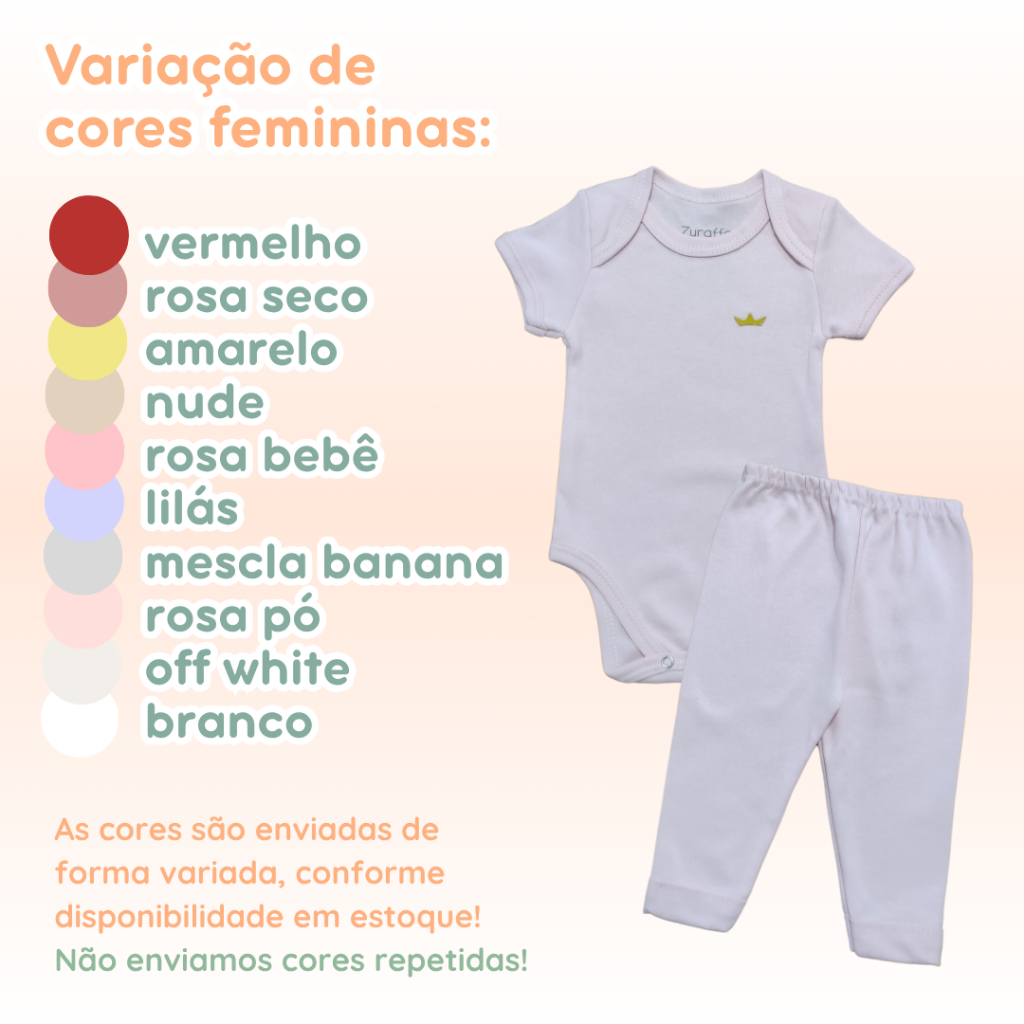 Kit 3 Conjuntos Bebê 3 Body Manga Curta + 3 Calças 100% Algodão Meia Estação Feminino Masculino Unissex Zuraffa Baby — imagem 2 de 2