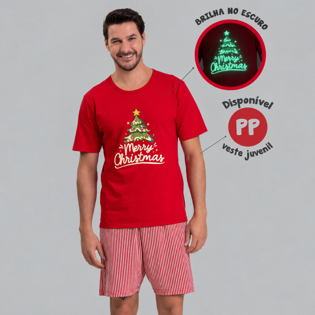 Pijama Adulto Masculino Blusa Manga Curta Bermuda Combinado Família Natal Merry Christmas
