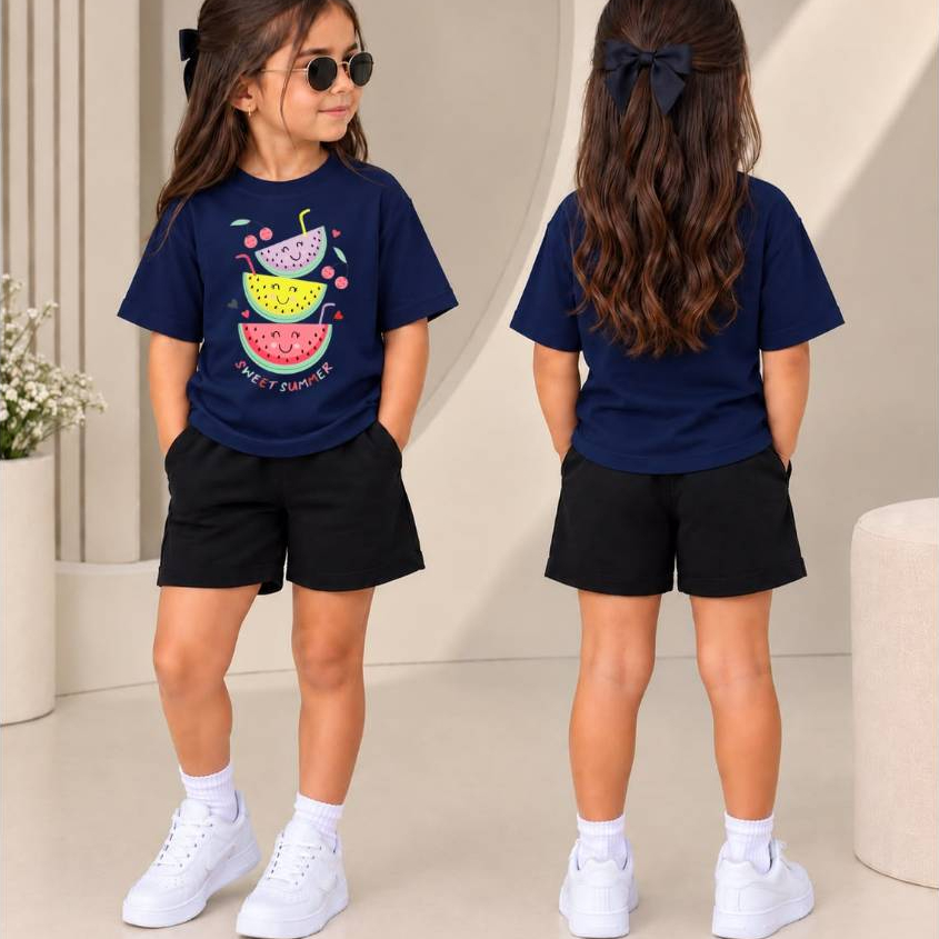 Conjunto Moderno Camiseta com Estampa De Melancias Coloridas E Carinhas Divertidas Delicadas e Short de Moletom