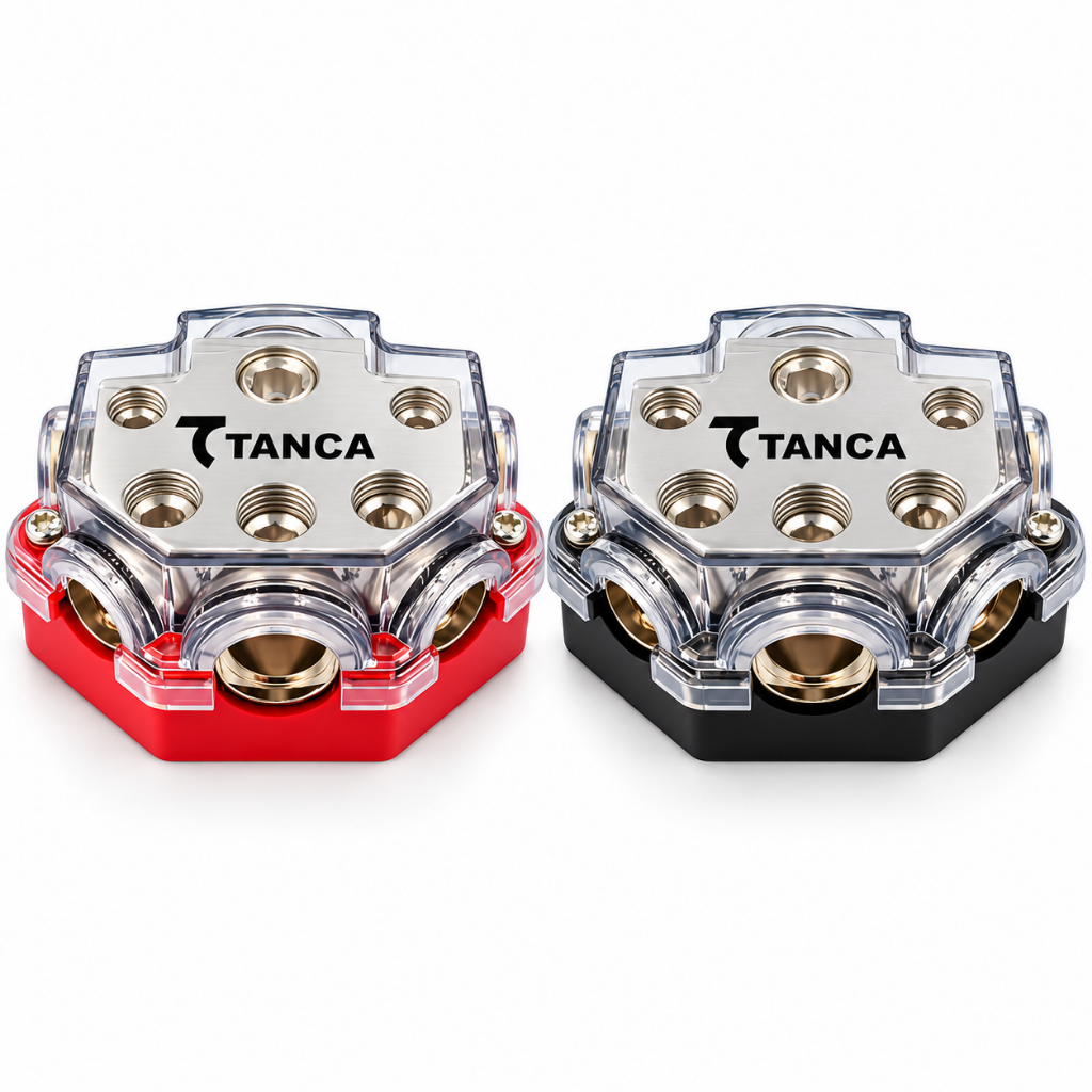Par de Blocos Distribuidores de Energia Tanca Safety 5 Vias Barramento para Som Automotivo com Capa Protetora