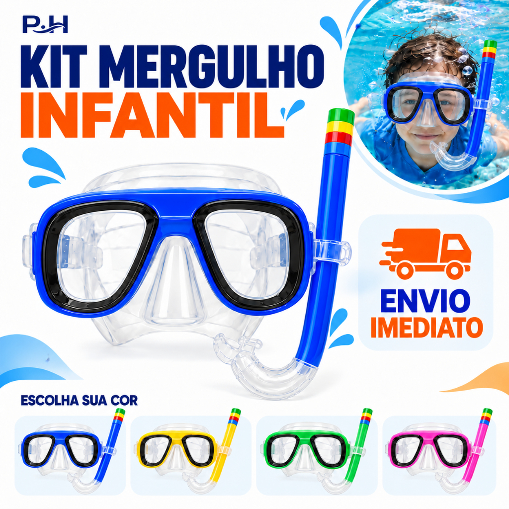 Kit Snorkel Infantil com Máscara + Respirador - Completo para Praia, Piscina e Mergulho