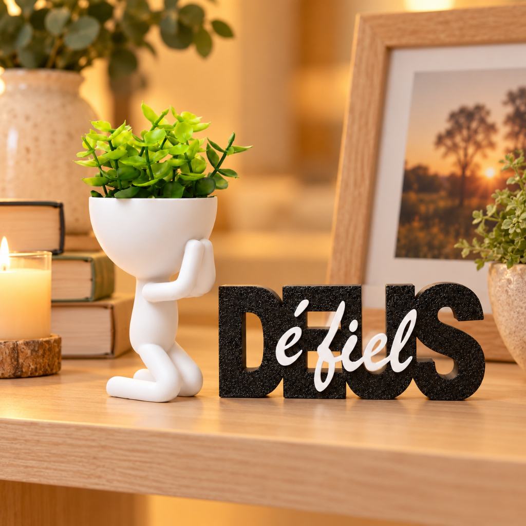 Vaso Deus Fiel Decorativo com Flor Artificial + Letreiro Decorativo Planta Artificial Decoração Sala Rack Decor Mesa Kit
