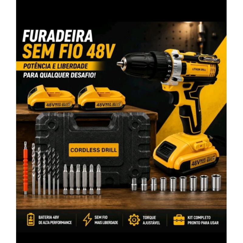 Parafusadeira Furadeira de Impacto a Bateria Recarregável Sem Fio 48v 2 Baterias Com Maleta Completo
