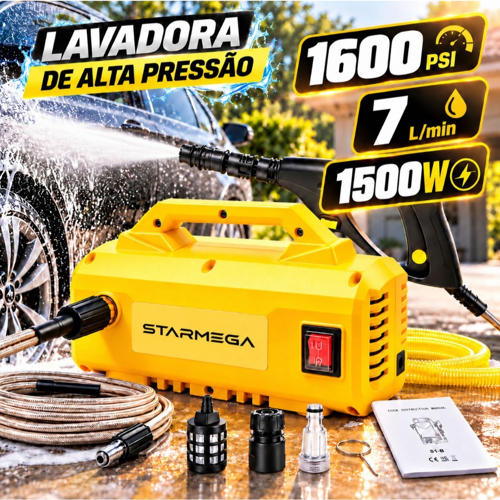 STARMEGA 1500W Lavadora Alta Pressão 7L 2400r/min, Limpeza Carro Moto Doméstica Comercial