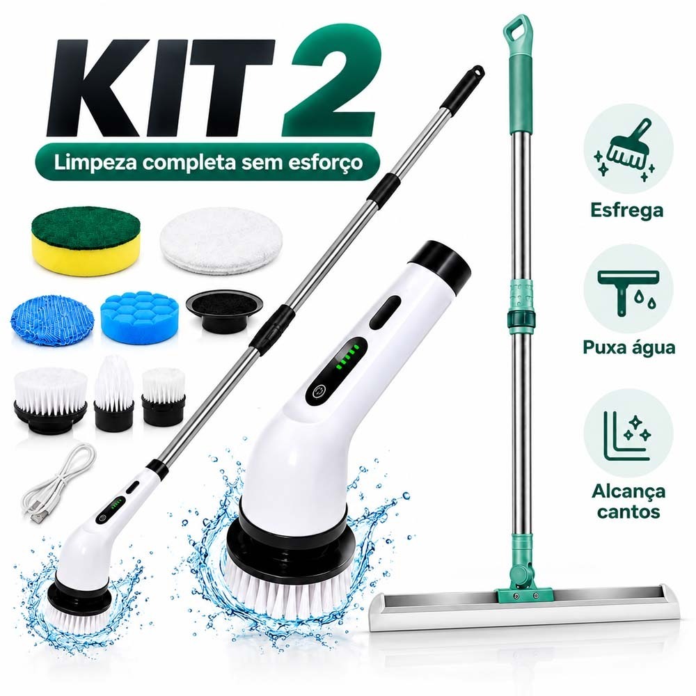 Kit2 Escova Elétrica De Limpeza + Vassoura Rodo De Silicone Mop Multiuso P/ Banheiro Cozinha Azulejo