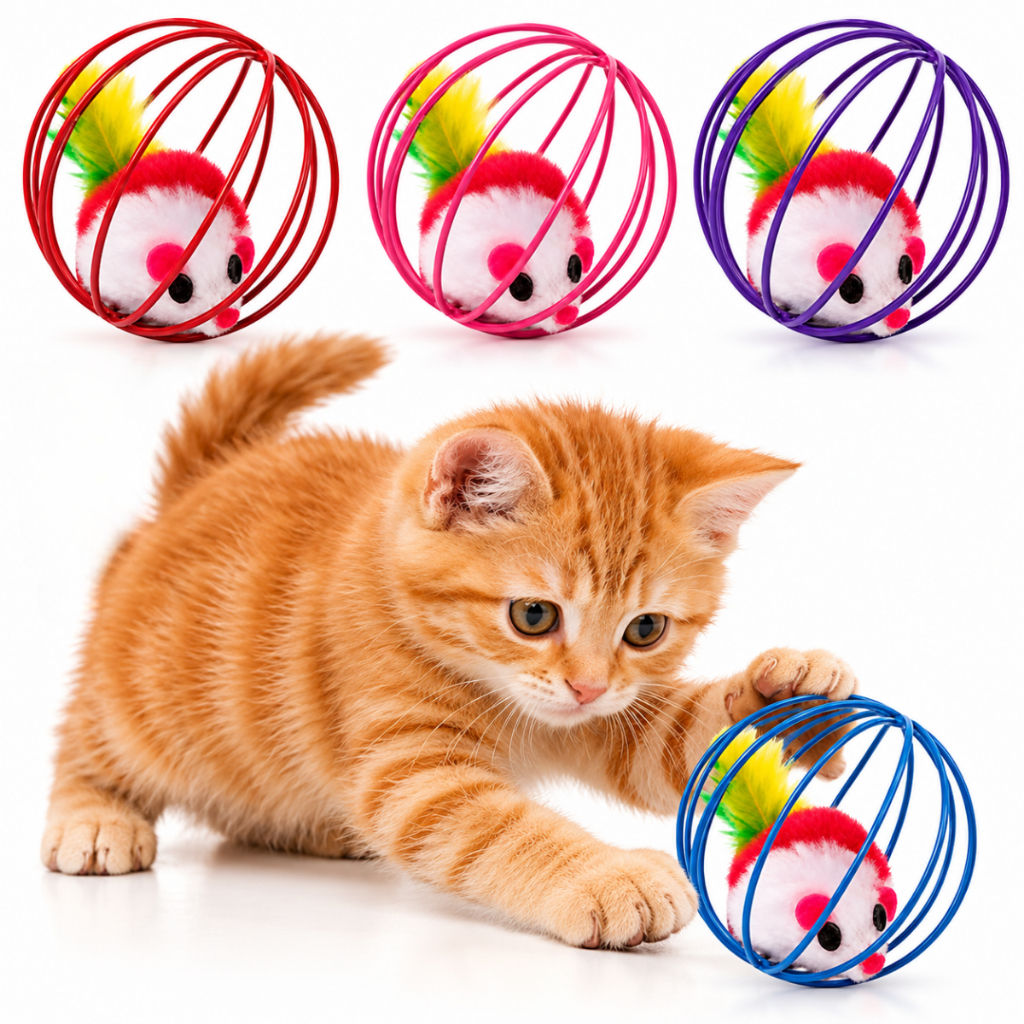 Brinquedo Interativo para Gatos Bola Gaiola com Ratinho e Penas 6cm Bolinha Pet Colorida