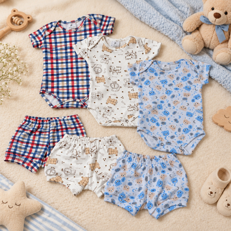 Conjunto Para Bebê Menina Menino Body Transpassado com Short Elástico 100% Algodão Estampas Sortidas