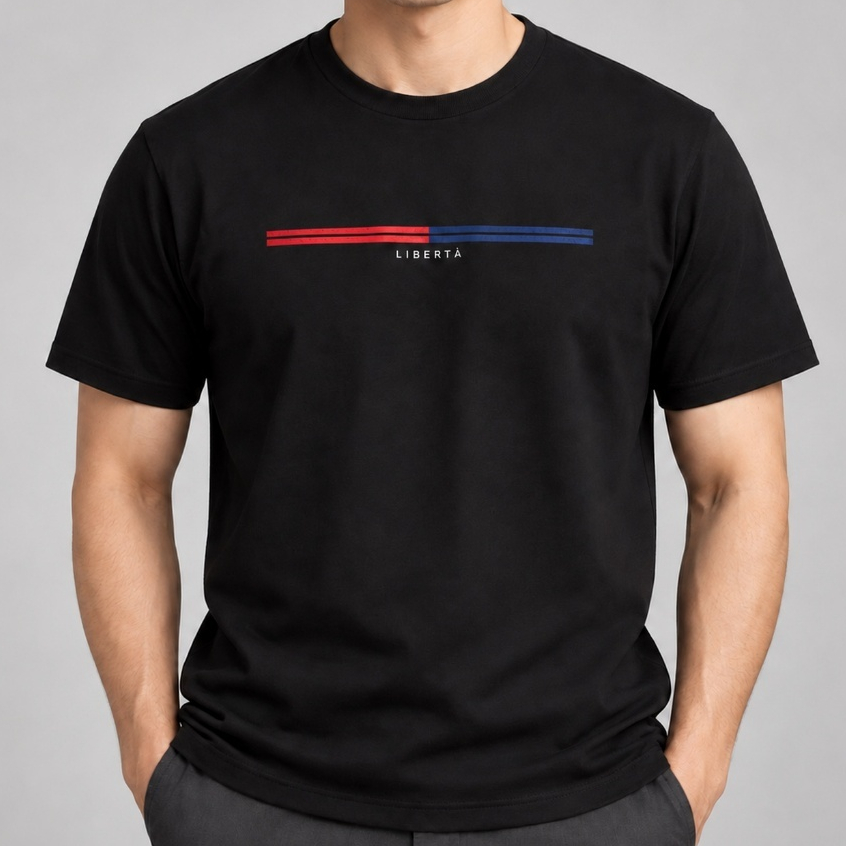 Camiseta Masculina Preta Libertà Manga Curta Gola Redonda Estampa Minimalista 100% Algodão
