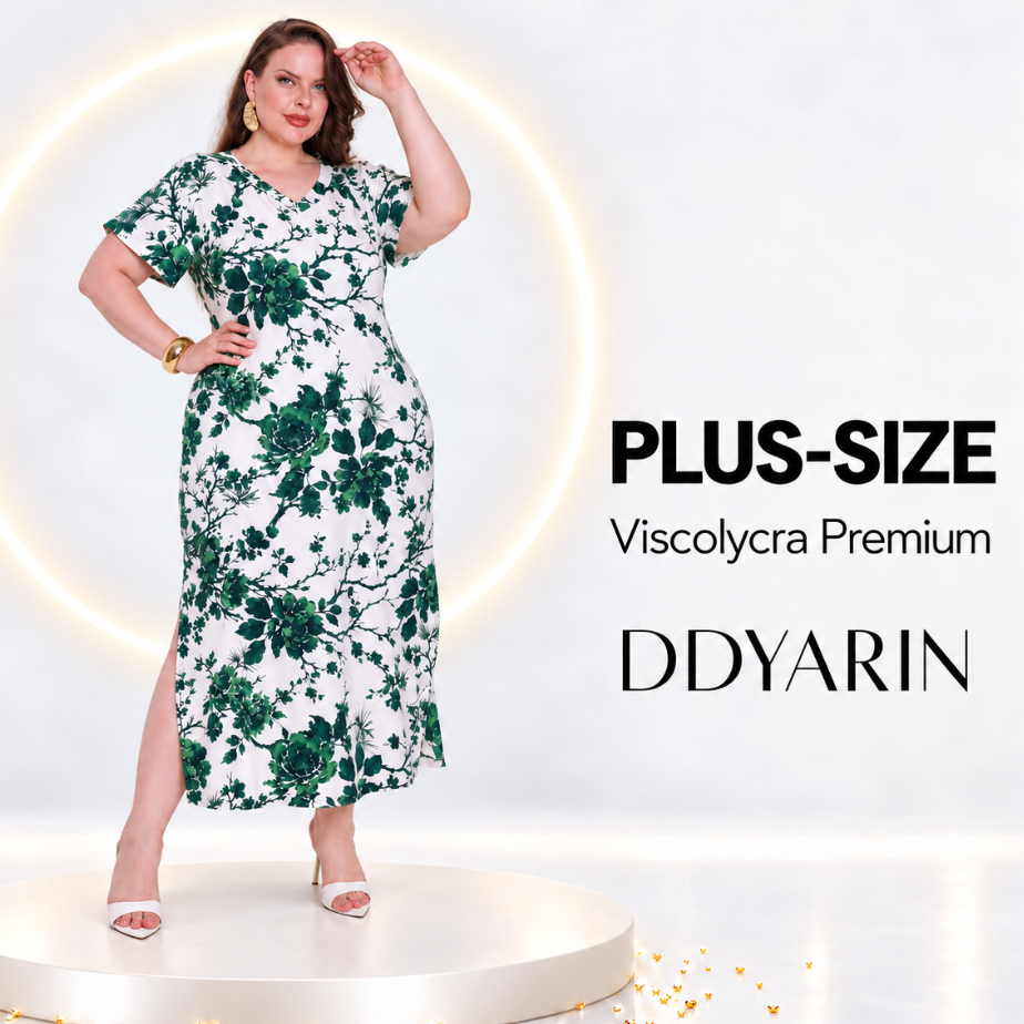 Vestido Plus Size Feminino Estampado Viscolycra Midi Longo com Bolsos Laterais Fendas veste 44 ao 56